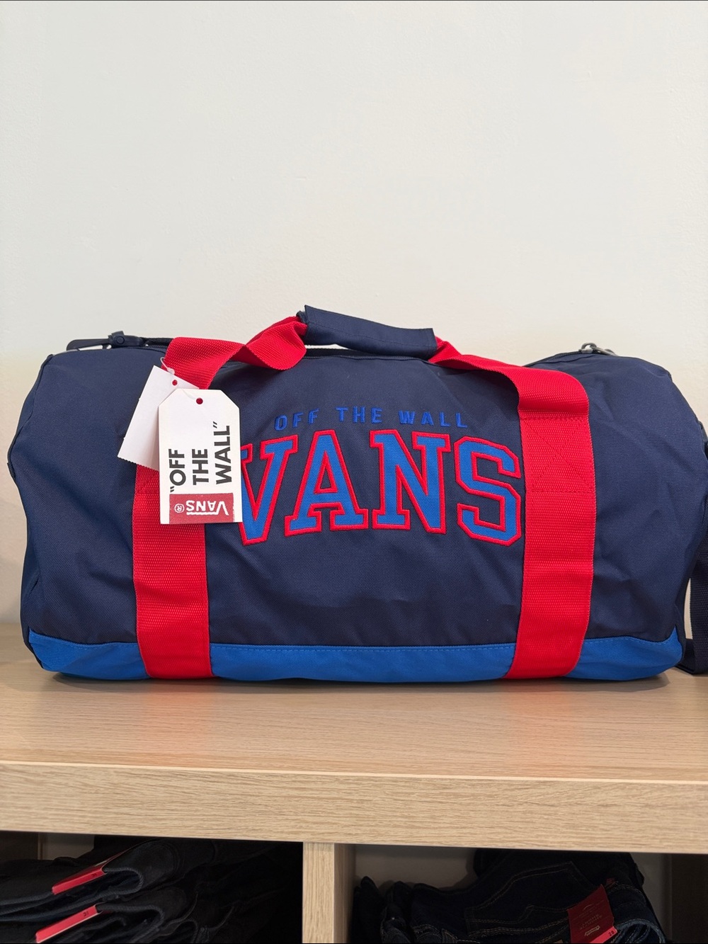 Vans Navy Duffel with Red Straps and Blue Trim